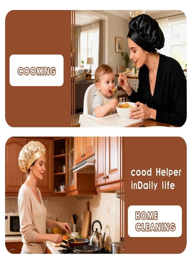 دبليو ام ام قطعتان من أغطية الشعر الساتان، غطاء حريري للنوم، قبعة نوم حريرية ناعمة بشريط مطاطي، غطاء شعر للنساء (ذهبي أسود) - Image 4